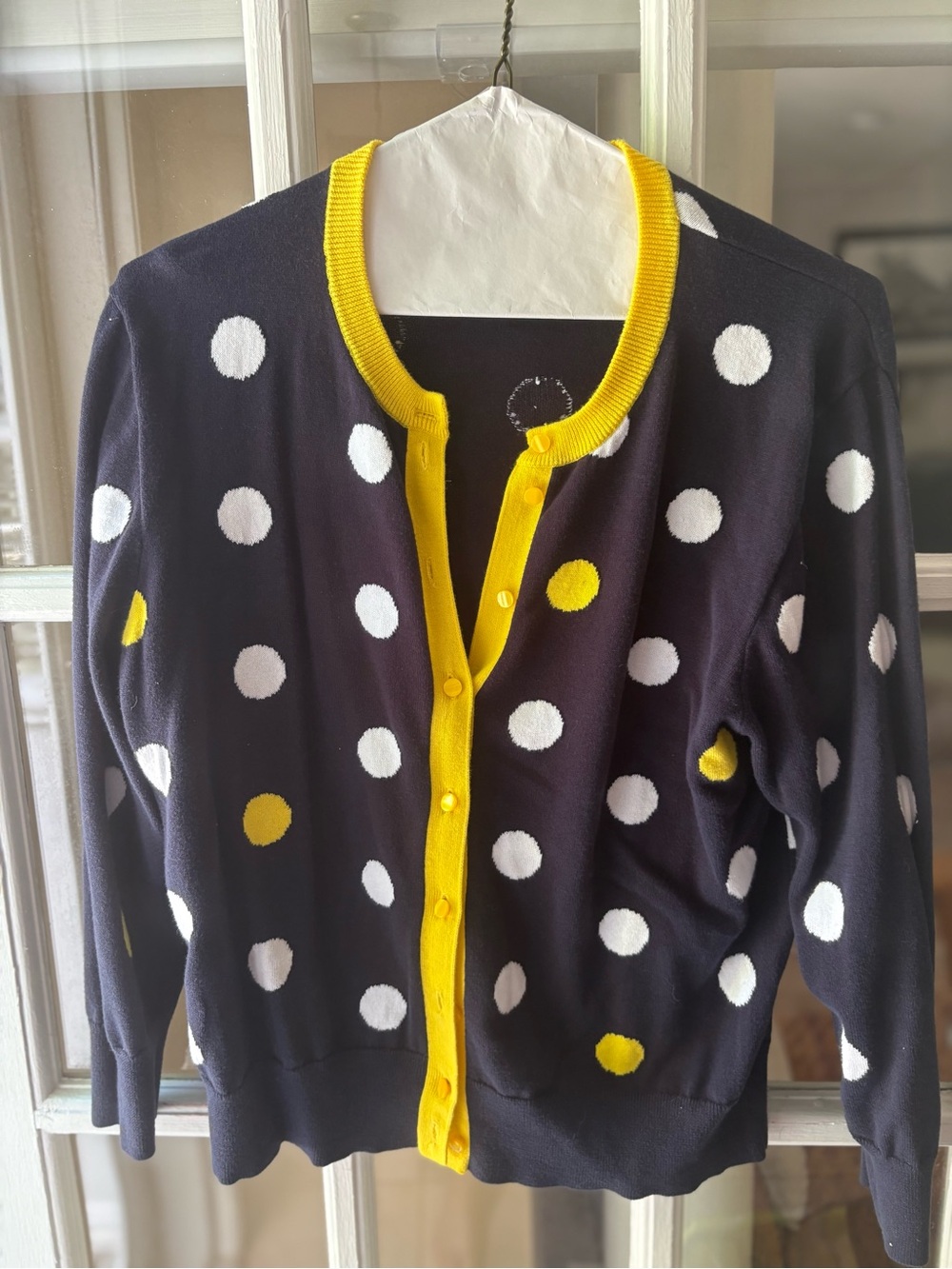 crown & ivy Navy Polka Dot Cardigan with Yellow Trim